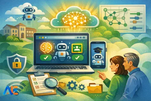 Koulun ylläpitäjä tarkistaa Google Classroomin AI-asetuksia kannettavalla tietokoneella
