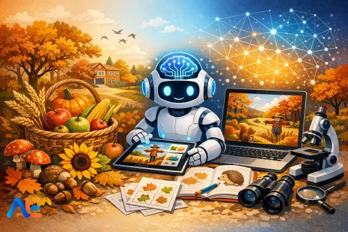 Höstligt klassrumsbord med löv, kastanjer och en delad enhet för lärarledda AI-promptar