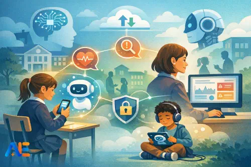 Oppilashuollon vastuuhenkilö ja opettaja tarkastelevat hyvinvointi-chatbotin suunnitelmaa kannettavalta