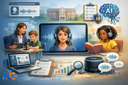 En lärare som ställer in en röst-AI-station i klassrummet med headset och surfplatta