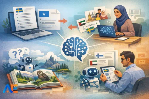 En Modersmål-lärare som planerar tvåspråkigt material med en AI-assistent på en laptop