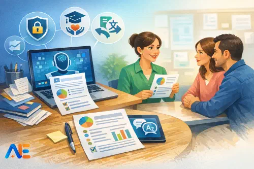 En lärare som förbereder ett föräldrasamtalsunderlag på en sida med hjälp av AI på en laptop