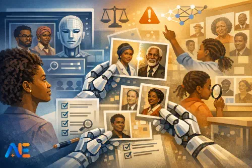 Opettaja tarkistaa oppilaiden kanssa AI:n tuottamia Black History Month -näyttelymateriaaleja