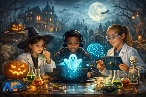 Oppilaat tekemässä Halloween-teemaista tieteellistä tutkimusta AI:n toimiessa laboratoriokumppanina