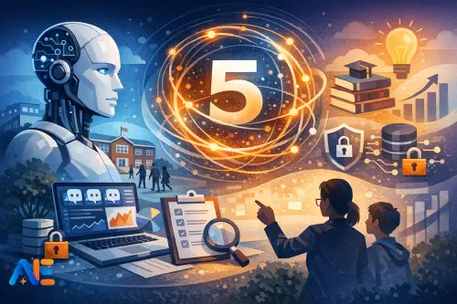 En skolledningsgrupp som går igenom ett AI-utvärderingspaket på en laptop