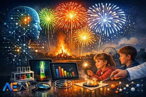 En klassrumsdisplay med fyrverkeribanor och grafer över ljudfördröjning skapade för en Bonfire Night-lektion i naturvetenskap