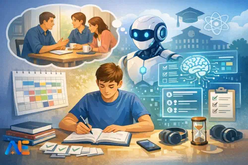En elev som repeterar med ett schema medan en lärare granskar AI-genererade övningsfrågor