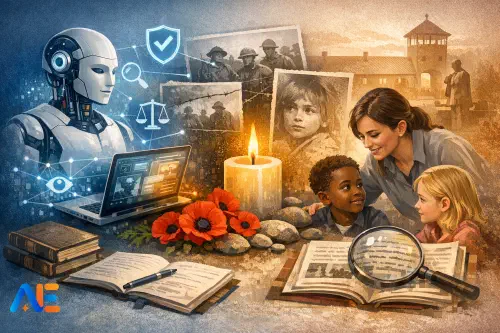 En lärare som granskar lektionsmaterial om hågkomst på en laptop med en vallmo på skrivbordet