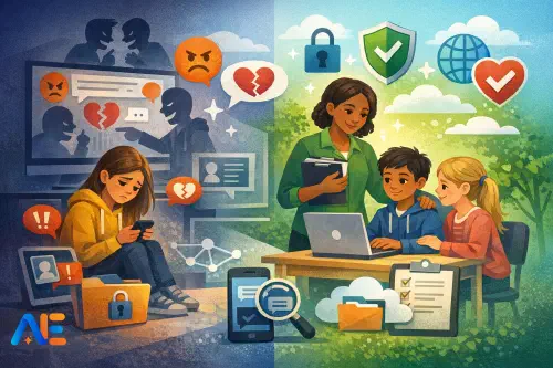 En lärare som vägleder elever genom ett scenario om digitalt medborgarskap på en klassrumsskärm