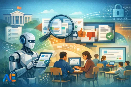 En lärare som granskar AI-utkastade rapportkommentarer på en laptop med en modereringschecklista bredvid