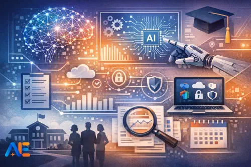 En skolans driftansvarig som granskar Microsoft 365 AI-inställningar på en laptop