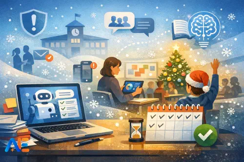 En lärare planerar en checklista för terminsslutet med en AI-assistent på en laptop