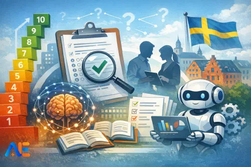 En lärare i ett svenskt klassrum som går igenom bedömningsanteckningar och digitala planeringsverktyg