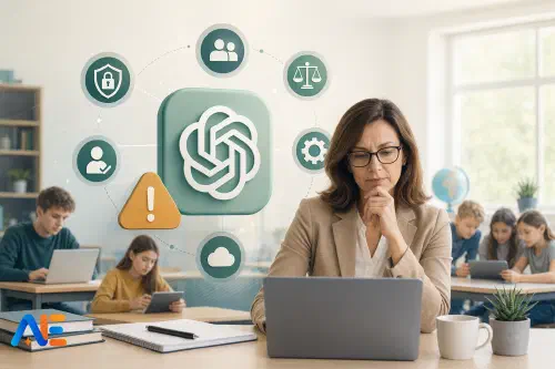 En skolledare som granskar AI-upphandling och risk när konsument-AI-plattformar inför annonser