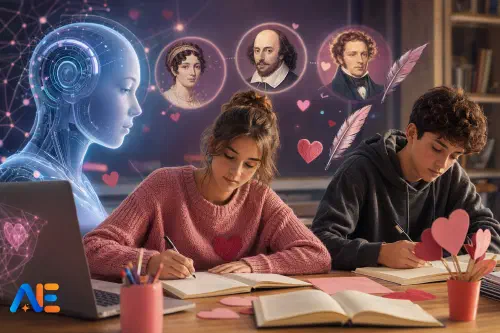 En lärare leder en klassrumsdiskussion om AI-genererade kärleksdikter från olika litterära epoker