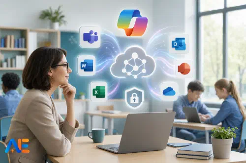 Skolledare som granskar inställningar för Microsoft 365 Copilot och Claude på en bärbar dator under ett IT-strategimöte