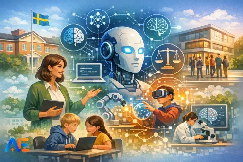 En grundskollärare som introducerar AI-begrepp för elever genom ämnesövergripande klassrumsaktiviteter