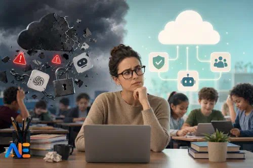 En skolledare som granskar AI-prenumerationer och upphandlingsalternativ på en laptop