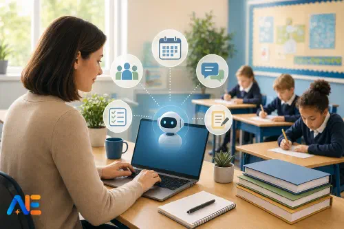 En lärare i låg- eller mellanstadiet organiserar lugnt planeringen för bedömningsveckan med AI-stöd på en laptop