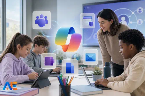 En lärare som granskar Microsoft Copilot-uppdateringar på en klassrumslaptop