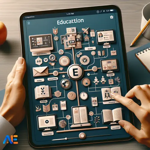 AI generated image of a personal computing device with iconography related to communication on the screen