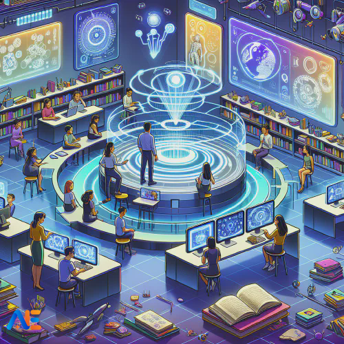 AI generated image of a high tech classroom with holograph in the center