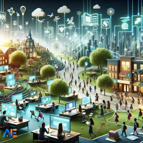 AI generated image of a high tech classroom that blends into the world