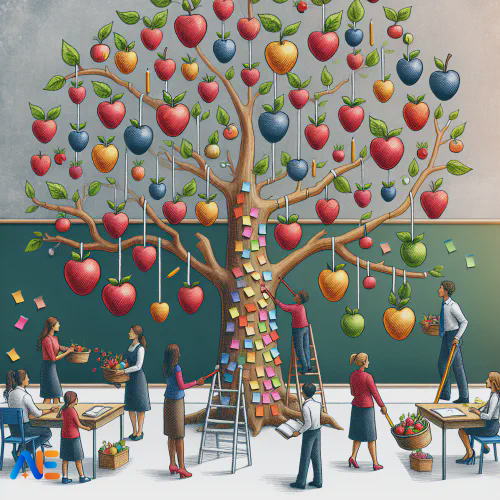 AI generated image of an apple tree, it is covered with post it notes and has a chalk board in the background