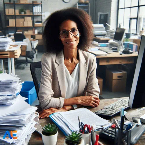 Tehisintellekti loodud pilt kooli administraatorist, kes istub oma laua taga. Seal on sõna otseses mõttes paberihunnikud.