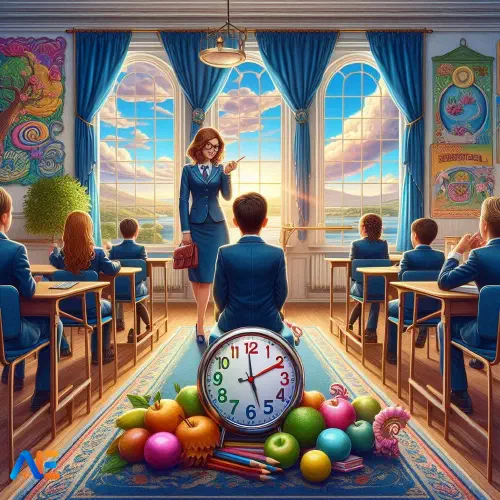 AI generated image of a teacher managing a classroom with a behaviour chart on the wall, promoting a positive and orderly learning environment.