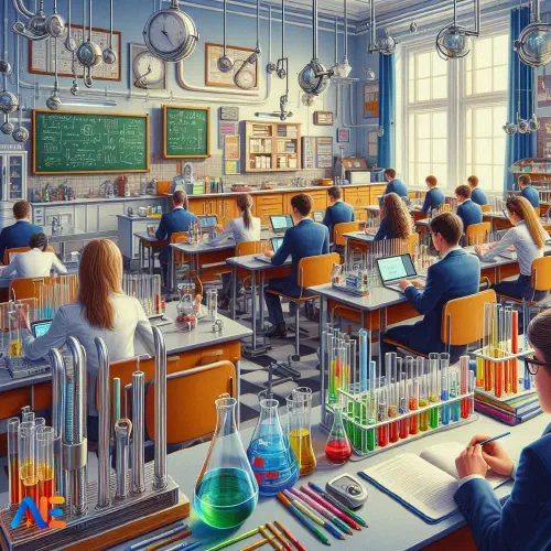 AI loodud pilt õpilastest, kes viivad läbi teaduskatset klassiruumis, kasutades erinevaid teaduslikke seadmeid ja materjale.