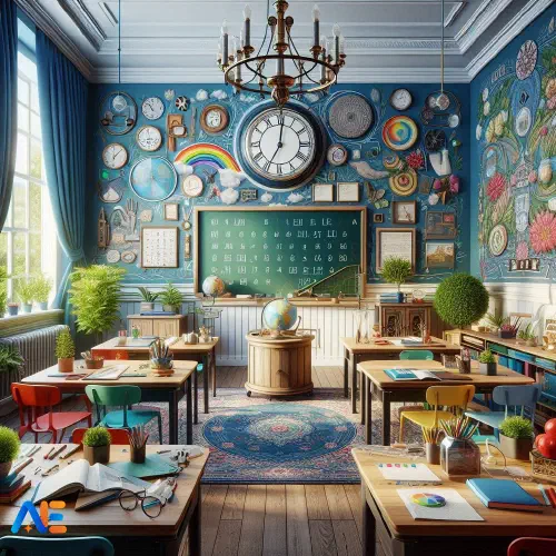 AI loodud pilt sülearvutist õpetaja laual klassiruumis, ümbritsetud haridusmaterjalidega nagu raamatud, graafikud ja gloobus.