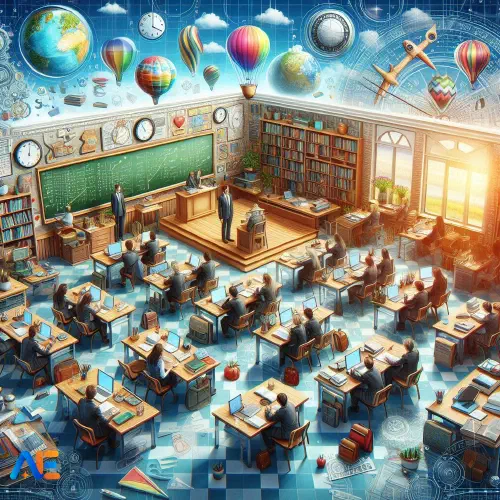 AI loodud pilt õpetajast, kes vaatab koos õpilastega klassiruumis üle viktoriini tulemusi, kus on viktoriini elemendid, näiteks küsimused ja vastused tahvlil.