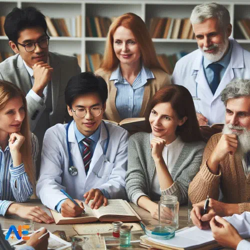 Tehisintellekti loodud pilt rühmast õpetajatest, kes istuvad ja seisavad laua ümber ning vaatavad õpikut