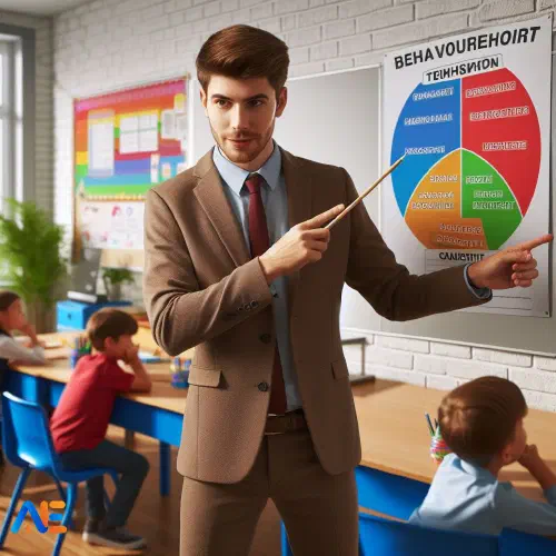AI-genererad bild av en lärare som hanterar klassrumsbeteende med en beteendekarta på väggen, vilket främjar en positiv lärmiljö.
