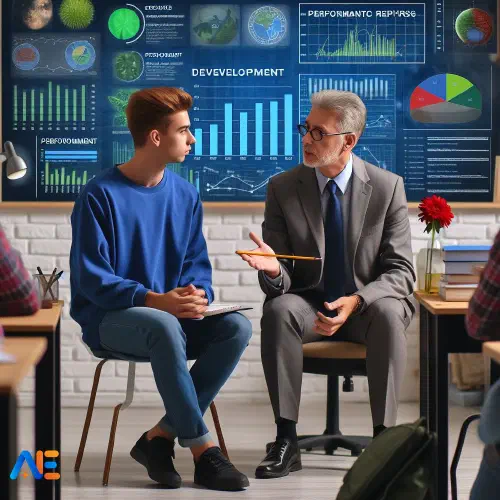 AI-genererad bild av en lärare som har ett utvecklingssamtal med en elev, med prestationsdiagram och framstegsrapporter synliga.