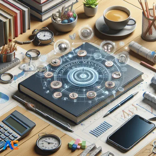 AI-genererad bild av ett upptaget skrivbord med enhetsplaneringsartiklar som en bok, klocka, pennor, miniräknare och utbildningsdiagram.