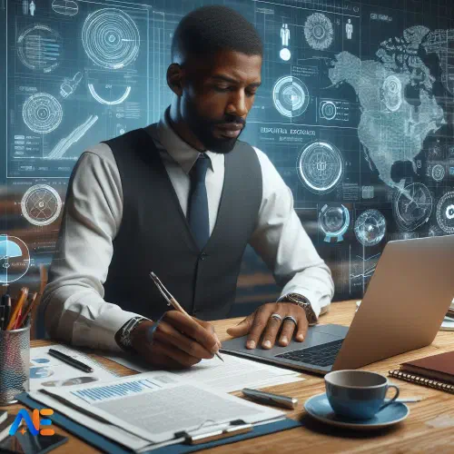 AI-genererad bild av en lärare som utarbetar policydokument på en laptop, med utbildningsdiagram och riktlinjer synliga.