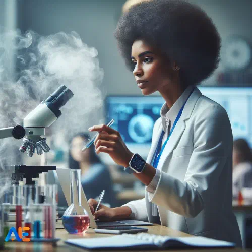 AI generated image of a woman in a lab coat in front of a microscope, various chemicals surround the microscope.