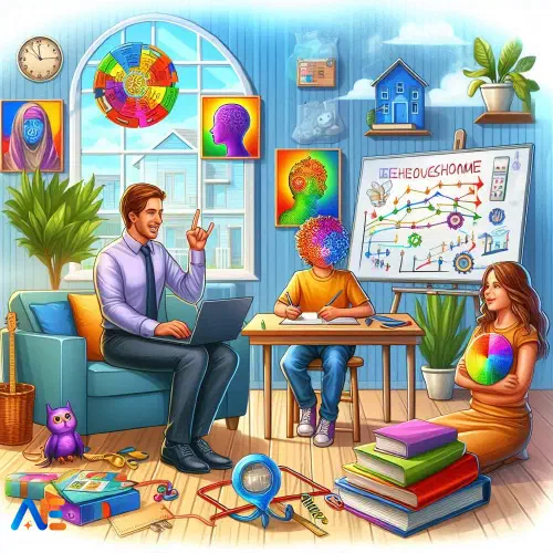 AI genererad bild av en familj som hemskolar, alla är glada. En whiteboard med beteendediagram är i bakgrunden.