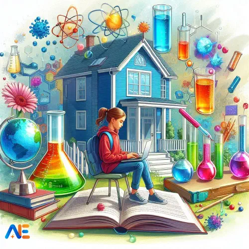 AI genererad bild av ett barn som sitter på en bok med en laptop. De är utanför ett hem, runt bilden finns olika vetenskapliga ikoner.