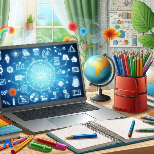 AI genererad bild av en laptop på ett skrivbord i ett hemklassrum med olika utbildningselement som en jordglob och färgpennor.