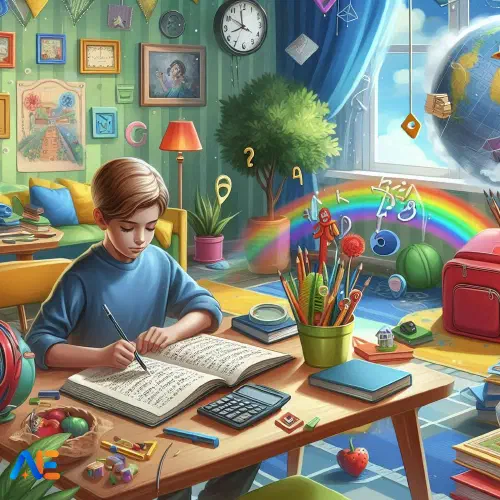 AI genererad bild av ett barn som sitter vid ett skrivbord i ett vardagsrum och läser en bok. Vardagsrummet har element av hemskolning som böcker, pennor, väskor och spel.