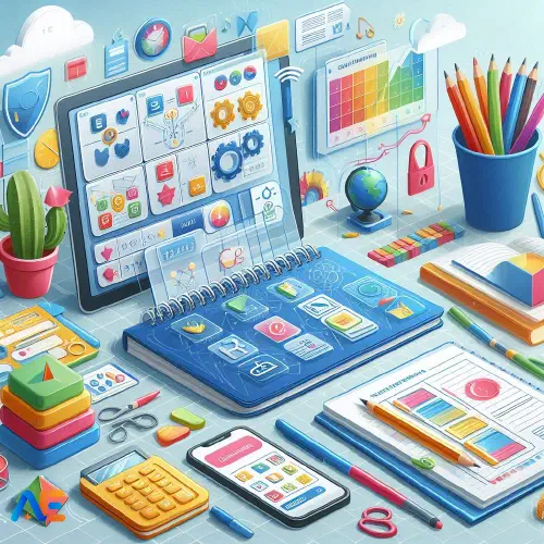 AI genererad bild av ett upptaget skrivbord med enhetsplaneringsartiklar som laptop, kalender, pennor, miniräknare etc.