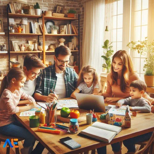 Tehisintellekti loodud pilt perest, kes istub söögilaua taga ja õpib. Laual on raamatud, pliiatsid, õunad ja muud klassiruumi seotud esemed