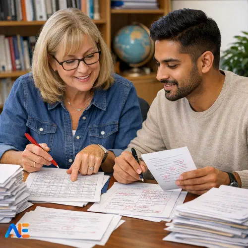 AI-genererad bild av en mentorslärare och en nyutbildad lärare som jämför elevarbeten mot en bedömningsmatris med modellsvar synliga