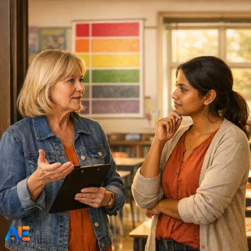 AI-genererad bild av en mentorslärare som diskuterar strategier för klassrumsbeteende med en kollega, med en beteendehanteringstavla synlig i bakgrunden