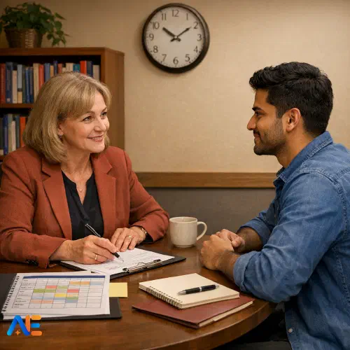 AI-genererad bild av en mentorslärare som genomför ett strukturerat utvecklingssamtal med en nyutbildad lärare, med framstegsanteckningar och mål synliga