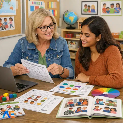 AI-genererad bild av en mentorslärare som granskar en lektionsplan för tillgänglighet och inkludering tillsammans med en nyutbildad lärare