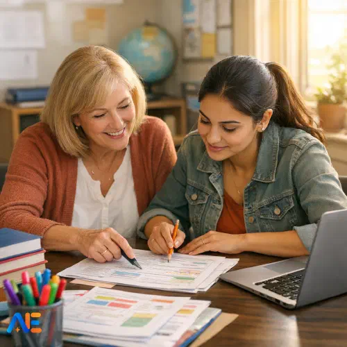 AI generated image of a mentor teacher and an early career teacher collaborating over a lesson plan at a desk with educational resources